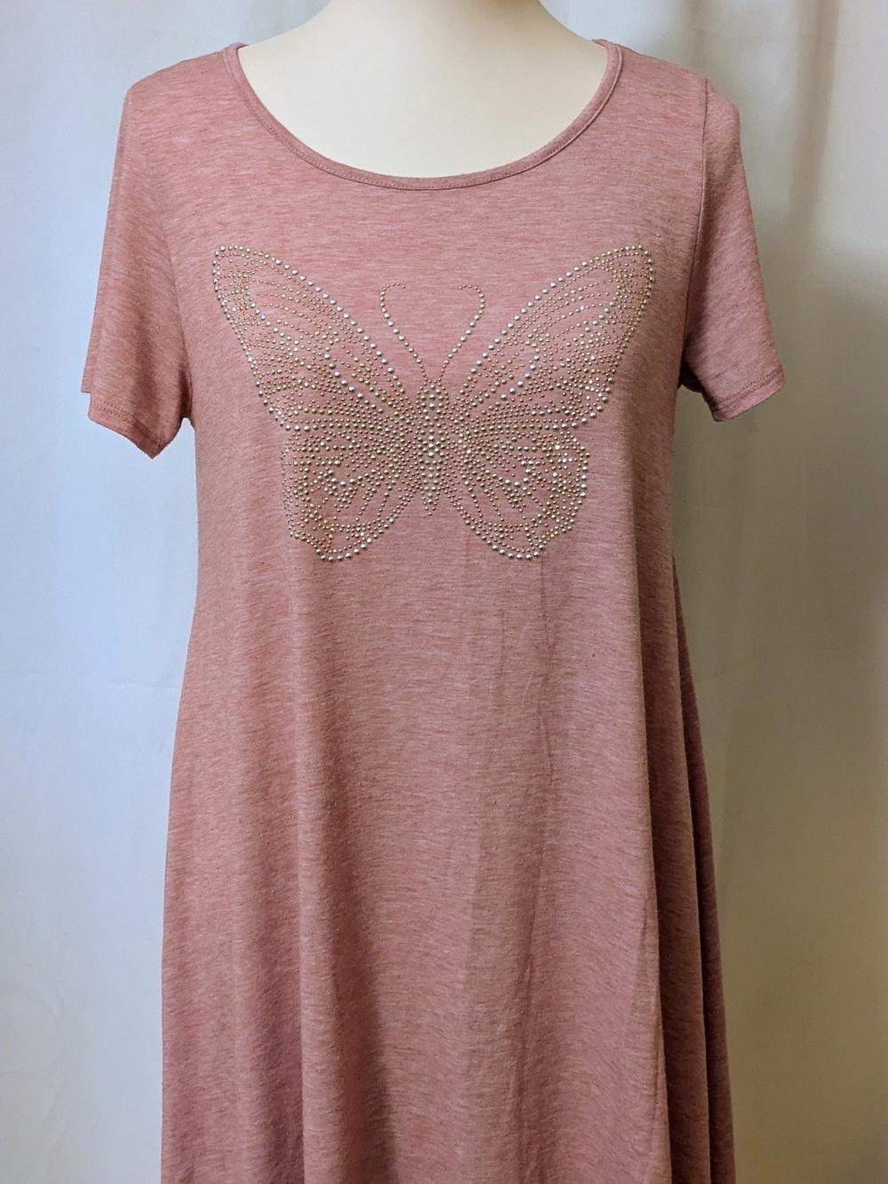 SJS Rose Pink Short Sleeve Top with Rhinestone Butterfly, Dress
